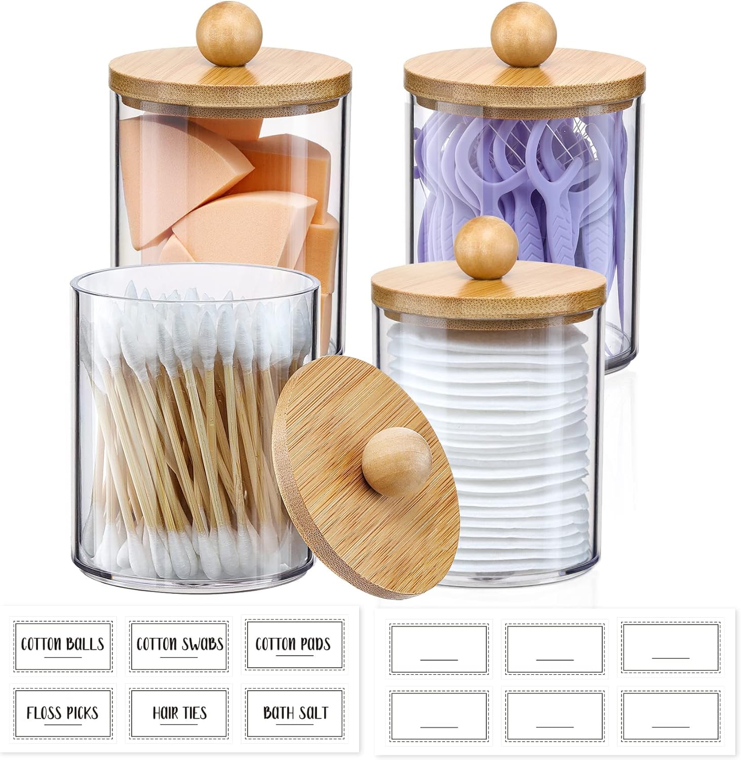 Holder Dispenser with Bamboo Lids, Clear Plastic Jar, Containers for Vanity, Storage Jars, Bathroom Accessories Set for Cotton Swab -10 oz (4 Pcs) Holder Dispenser with Bamboo Lids, Clear Plastic Jar, Containers for Vanity, Storage Jars, Bathroom Accessories Set for Cotton Swab -10 oz (4 Pcs)